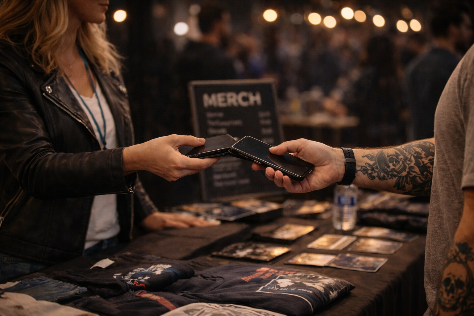 Fan tapping their phone to pay at an artist's merch table on tour