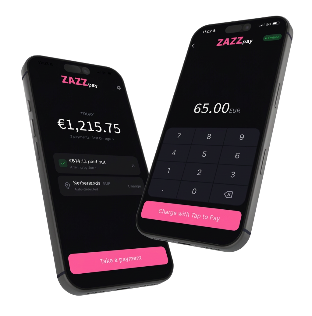 ZAZZpay app shown on two phones: the home screen with today's revenue and the tap-to-pay charge screen